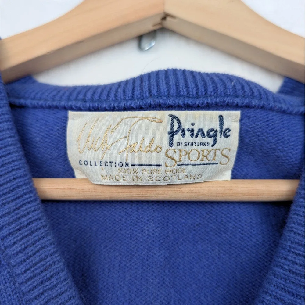 VTG‎ Pringle of Scotland Sweater Men M Blue Nick Faldo Pure Wool V-Neck 90s Golf